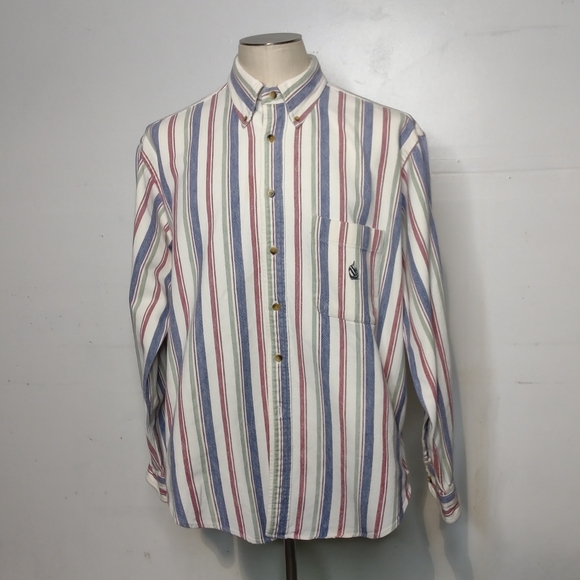 Vintage 90s NAUTICA Button Down Shirt Red White Blue Denim Stripe XL 100% Cotton - Picture 2 of 8